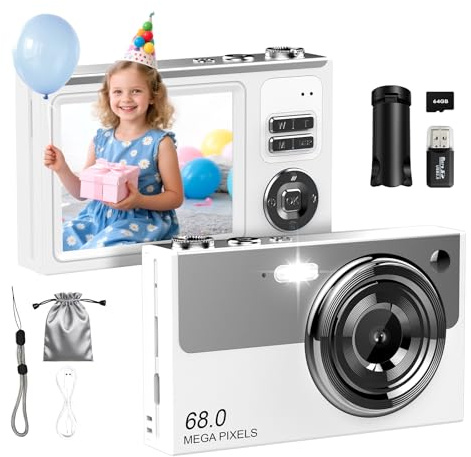 Digitalkamera 4K 64MP Fotokamera 16X Digitalzoom Kamera, Vlogging Fotoapparat Kompaktkamera mit 2,8 LED Bildschirm, 64G Micro Speicherkarte, 1 Akku für Kinder Teenager Studenten Anfänger
