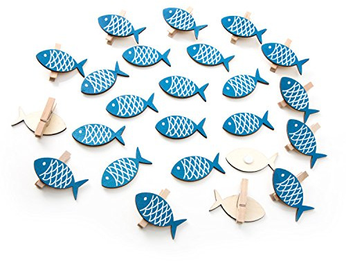 Set di 24 pezzi con pesci decorativi, 12 pesci Blu con adesivo e 12 mollette di legno, per decorare i regali per la comunione, Beach Party, ecc.
