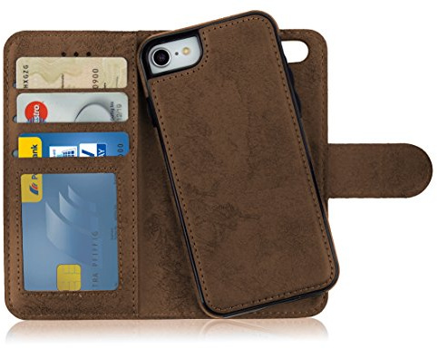 MyGadget Flip Case für iPhone SE 2022 | 2020 | 7 | 8 - [ abnehmbare Magnet Hülle ] - Handyhülle aus Kunstleder - [ Klapphülle mit Kartenfach ] Schutzhülle in Braun