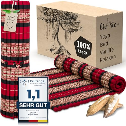livasia Rollmatte XXL breit Doppelbett - 200x145x4,5cm - Gästebett Gästematratze 2 Personen mit Muster, Reisebett für Kofferraum und outdoor, Thaimatte Kapok Garten und Balkon (Rot/Elefanten)