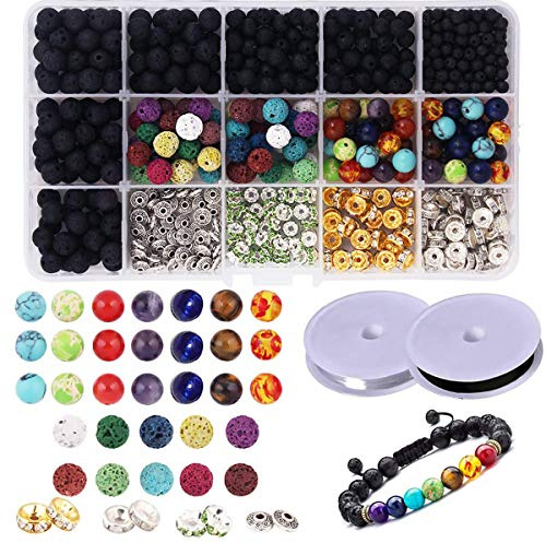 CAILI Cuentas de Lava 599 PCS Abalorios de Lava, Surtido de colores Cuentas de Chakra Cuentas de Espaciador con 2 rollos elásticos Stretch Strings para adultos Aceite esencial Pulsera Collar