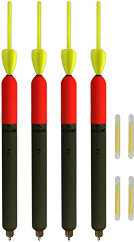 Storfisk fishing & more 4er Set vorgebleite Profi Raubfischposen mit Mini-Segel und Antenne (inkl. 4 Knicklichter), Tragkraft Posen:6 Gramm