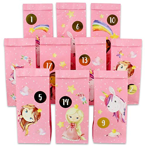 Papierdrachen Adventskalender 2025-24 rosa Papiertüten mit Prinzessin- & Einhorn-Stickern - Adventskalender zum Befüllen für Kinder - Weihnachten