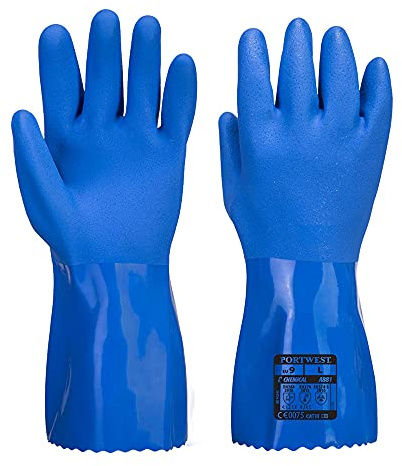 Portwest A881 Gant Chimie PVC Résistant aux Produits Chimiques | Bleu, S, EN ISO 374-1 Type B, EN 388 (4121X), EN ISO 21420 Dextérité 5, Enduction Pvc Conforme aux Exigences, Doublure Ouatée