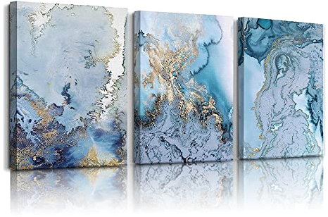 hyidecorart Abstrakte Bilder Leinwand mit Rahmen 30x40 cm 3er Set Deko Schlafzimmer, Wandbilder Wohnzimmer Modern Natur Kunstdruck Blau Golden Marmor Gemälde Flur Badezimmer Wohnung Büro Villa