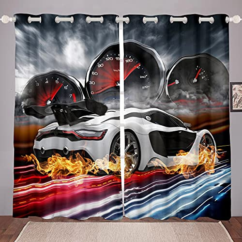 Loussiesd Rennwagen Blickdichte Vorhänge Geschwindigkeit Sportwagen Dekorativ Vorhänge Für Jungen Kinder Jugendliche Männer Extremsport Thema Fenstervorhang 137x117cm Weiß Auto Schlafzimmer Dekor