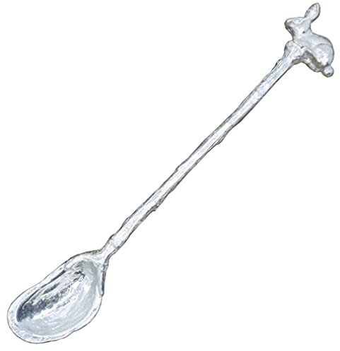 Cuillère à Confiture en Étain Massif avec Cuilleron Moulé d'une Coquille de Moule et Décoration de Lapin, Fabriquée à la Main, 14cm de Long