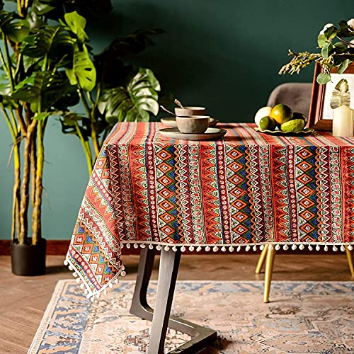 Lanqinglv Bohemian Tischdecke 140x260cm mit Quaste Baumwolle und Leinen Abwaschbar Rot Bunt Indisch Vintage Rechteckig Gartentischdecke Küchentischabdeckung für Speisetisch