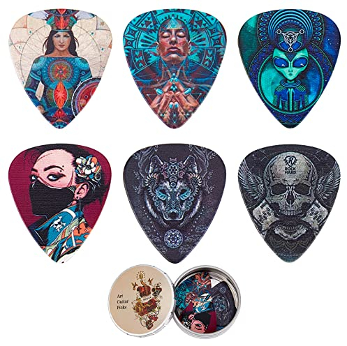 CREATCABIN 6 Stück Gitarrenplektren Medium Bulk Acoustic E-Bass Dünne Zelluloid-Gitarre Mit Tragbarer Blechdose Musikgeschenk Für Gitarrist Sohn Ehemann Freund Verlobter Vater Freund (Skull Wolf God)