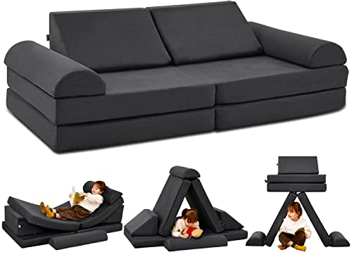 jela Kids Couch Safety Certified Play Couch Soft Kids Sofa with Machine Washable Cover Thick Foam Fort Building Set for Playroom Indoor (57x28x18, Charcoal)