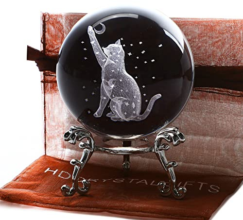 Figura de bola de cristal de gato 3D de 60 mm grabada con láser, bola de cristal con soporte, esfera de vidrio, pisapapeles, regalos para amantes de los gatos, mujeres