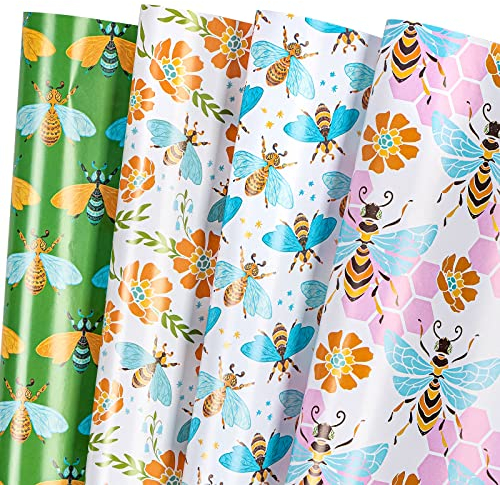MAYPLUSS Geschenkpapierbogen – 12 flach gefaltet – bunte Biene – 50 x 69,8 cm pro Bogen