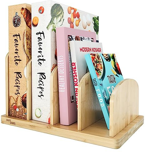 Desktop Bookshelf, 4-Slot Table Top Recipe Book Shelf, 32x20x8cm Bamboo Binder Holder Stand, Mini Universal Organiser Desk Rack, Suitable for Kitchen & Bedside & Office (Natural)
