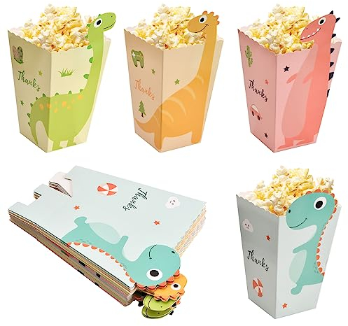 24 Pcs Popcorn Favor Boxes, Cute Dinosaur Popcorn Bags, 4 Colors Paper Popcorn Holders, Cardboard Popcorn Containers, Popcorn Cartons for Kids Party Birthday Movie Night Carnival Theater