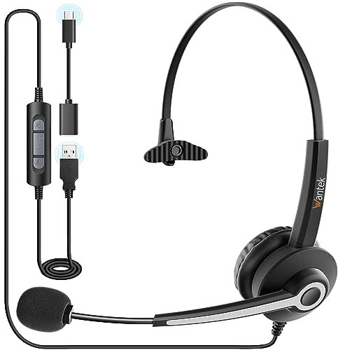 Wantek 681N Headset Mono with Microphone Stereo Sound Headphone with Noise Canceling Mic for Call Center Online Chats Office Work Business Team Meetings