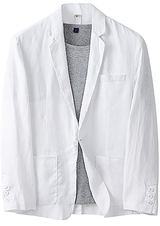 Sakko - Giacca da uomo in cotone e lino, vestibilità normale, con collo sciallato, 1 bottone, casual, elegante, blazer festival, per matrimoni, tempo libero, bianco, XL