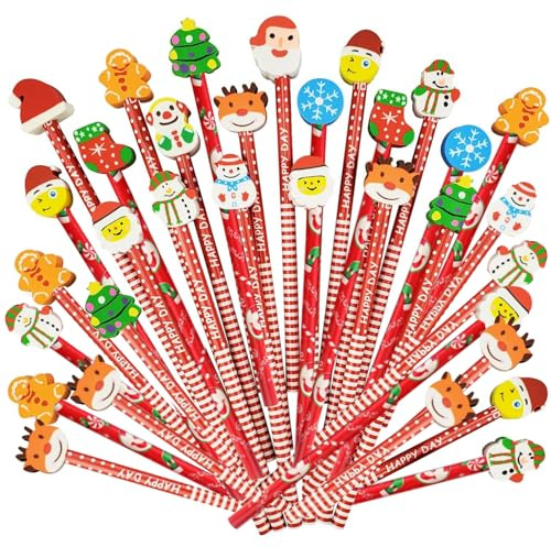 lttorjf Set 48 lápiz de Madera Navidad con Borrador, lápices de Grafito para niños Infantiles Fiesta Navidad regalo per Muñeco de Nieve Media Hombre de Jengibre(patrones y colores aleatorios)