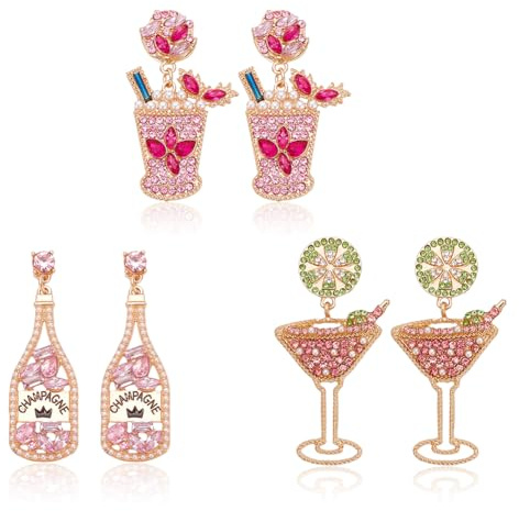 NATTASOUL 3 Pairs Champagne & Martini Glass Earrings Dangling Novelty Colorful Handmade Wine Glass Alcohol Goblet Beach Holiday Earrings Gifts Drink Studs Dangling Set Pack for Women Party Birthday