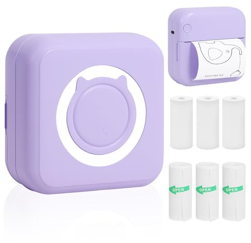 Mini imprimante Thermique Portable sans Fil Bluetooth avec 3 Rouleaux d'autocollants et 3 Rouleaux de Papier Thermique,Compatible avec Android/iOS,Imprimante de Poche pour Mémo,DIY,Photo,etc.(pourpre)