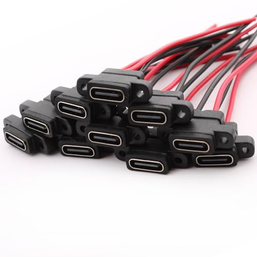 RUNCCI-YUN Câble d'Extension Type C avec Connecteur Femelle à Montage sur Panneau - 10PCS USB-C 2 Pin à Souder avec Anneau en Caoutchouc pour Charge Rapide