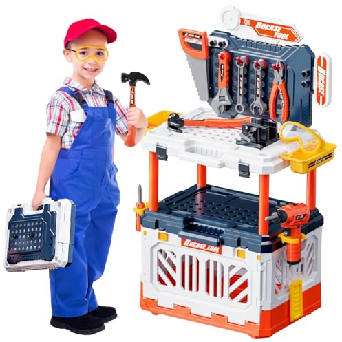 deAO Werkbank für Kinder ab 3 Jahre, 2 in 1 Werkbank und Werkzeugkoffer, 90 Stück Kinder Werkbankset, Inkl. Bohrmaschine, Hammer und Zubehör, Lernspiel Geburtstag für Junge 3 4 5 6 7 8 Jahre