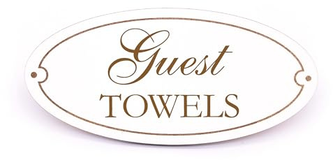 Dekolando Gäste Besucher Schild GUEST TOWELS Türschild graviert oval selbstklebend weiß Holzschild Gästehandtücher Vintage Dekoschild 15 x 7 cm (Guest Towels)
