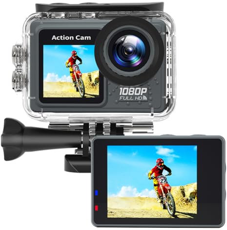 Fiorky Action Camera Dual Screen Camera 30m Waterproof Exercise Video Recorder 120° Wide Angle Sport Camcorder with Accessories Kit