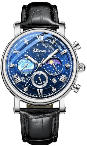 JewelryWe Men’s Sub-dials Leather Watch - Multifunctional Starry Sky Dial Luminous Quartz Calendar Waterproof Wristwatch