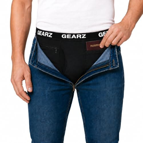 GEARZ – Anti-Diebstahl Herren Reise-Boxer Schwarz Größe M – Unterhose mit Anti-Taschendieb-Taschen – Elastischer Baumwoll-Slip in Schwarz Größe M