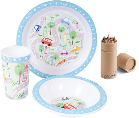 Happy Town, set da tavola per bambini, con piatto, ciotola e tazza, in plastica riutilizzabile, senza BPA, include 12 matite (città)