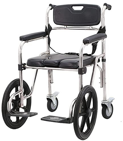 Sedia comoda da comodino per assistenza alla mobilità personale, sedia a rotelle per doccia in acciaio inossidabile, sedia da toilette con rotelle per trasporto 4 in 1 con seduta e schienale in p