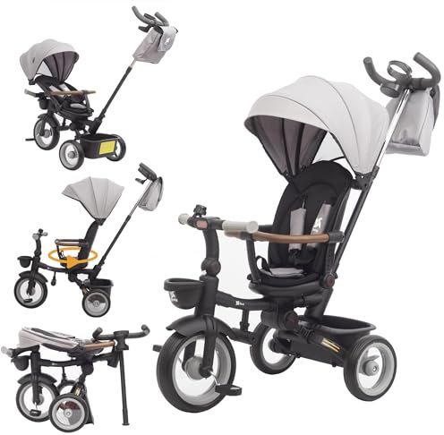 Twinly - Evolutionäres Dreirad für Babys, Sami, faltbar, mit drehbarem Sitz, um 360 Grad drehbar, 2 Jahre – Kinderwagen, Lauflernspielzeug, 1-5 Jahre oder 25 kg – Licht, ausziehbares Verdeck (Grey)