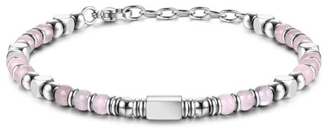 LOLIAS Rosenquarz Armband Damen Edelstahl Perlenarmband Damen Beste Freundin Armbänder Damen Geschenke Schmuck Armband Silber 4MM