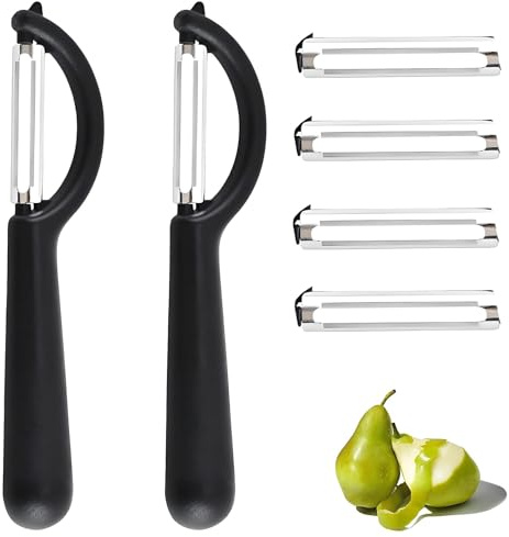 6 Stück Kartoffelschäler Set, 2 Stück Kartoffelschäler mit 4 Edelstahl-Ersatzklingen, Schäler Küche für Obst und Gemüse, Universell Einsetzbar Schwarz Gemüseschäler Streifen Modern Orangen Schäler