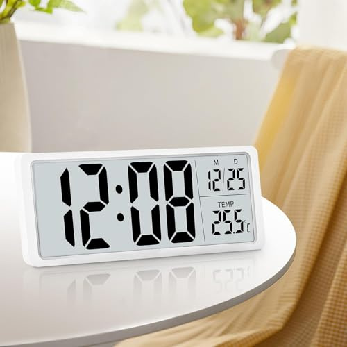 PORFOYODigital Groß, Wanduhr Mit Temperaturanzeige, Datum/Temperaturanzeige, ℃/℉, 20 * 8CM, Funkuhr Wohnzimmer (Sie können EIN Datenkabel oder den Akku verwenden)