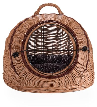 Wiklinowy Świat - Komfortabler Transportkorb - Schlafkorb aus Weide für Katzen & kleine Hunde – Stabiler Weidenkorb mit Metallgitter für sicheren Transport - 50x40x45cm - gepunktetes braunes Kissen