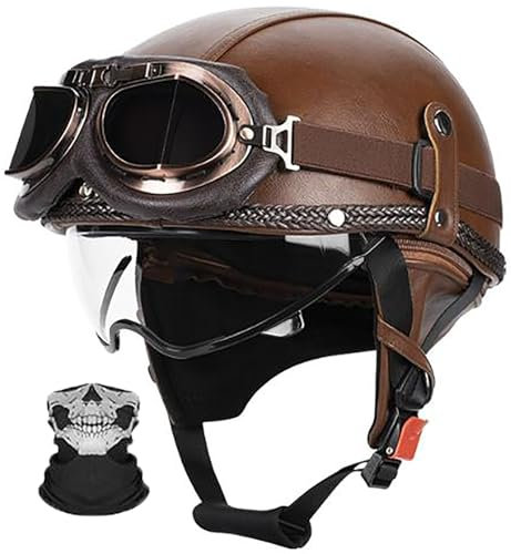 Vintage Demi-Jet Casco Da Moto, Moto Mezzo Casco Retrò, Casco Anticollisione Di Sicurezza Per Scooter Cruiser, DOT/ECE Omologato Casco Moto Jet Casco A Scodella Con Occhiali 4,M=57-58CM