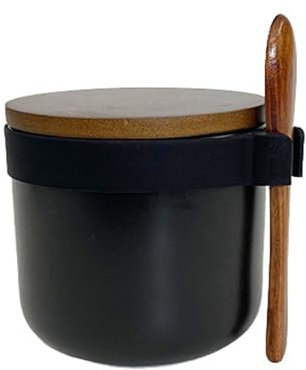 Salero de cerámica con tapa de madera y cuchara, moderno soporte de sal de cocina para especias, condimentos, azúcar y pimienta, accesorio para cuenco de encimera