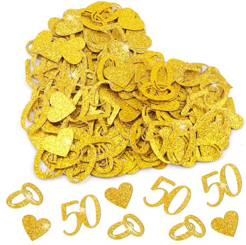 180 Stück Goldene Hochzeit Deko Konfetti, Streudeko Tischdeko Glitzer | Confetti mit Ring, 50, Herz Motiven, für 50 Jahre Jubiläum Hochzeitsdekoration