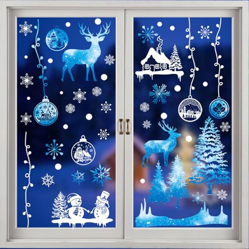 107 Stk Fensterbilder Weihnachten Selbstklebend, Fenstersticker Weihnachten, Winter Schneeflocken Fensterdeko, Wiederverwendbar Statisch PVC Weihnachtsfenster Aufkleber, für Glas Weihnachtsdeko