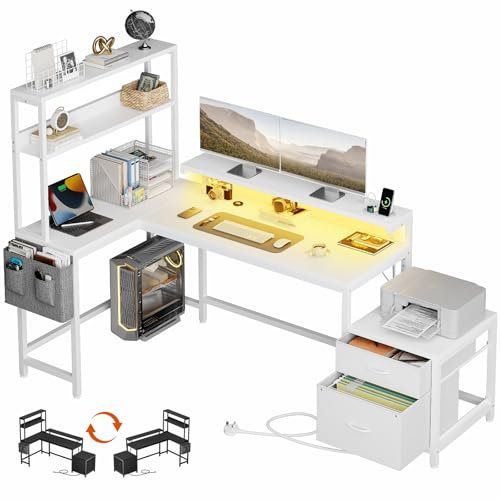 Mossora L-förmiger Schreibtisch (195 x 110 cm) mit Aktenschubladen und umkehrbaren Regalen, Computertisch mit Stromanschluss und LED-Beleuchtung, Ecktisch für Heimbüro und Schlafzimmer, Weiß
