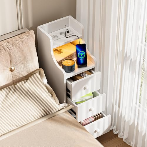 ChromaCasa Slim Bedside Table with Charging Station, 2 AC 2 USB Wooden Bedside Cabinet (JPDC0045W, Set of 1)
