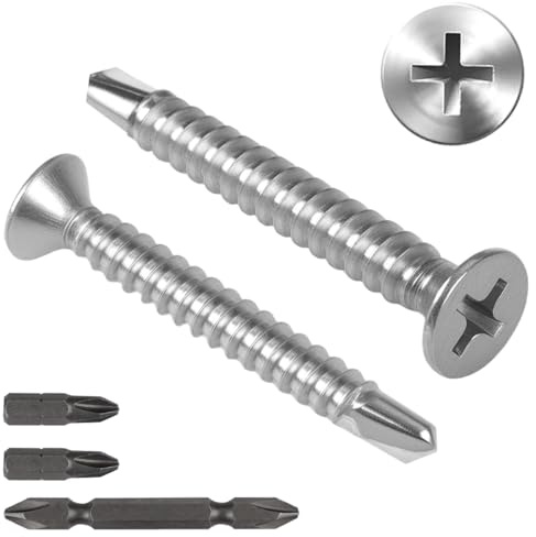 120 Piezas Tornillos Autorroscantes con 3 Piezas Brocas,M4,2x32mm | Tornillo Roscachapa de Acero Inoxidable 410,Tornillos Autoperforantes Avellanados en Cruz para Plastico,Metal,Madera (Plata)