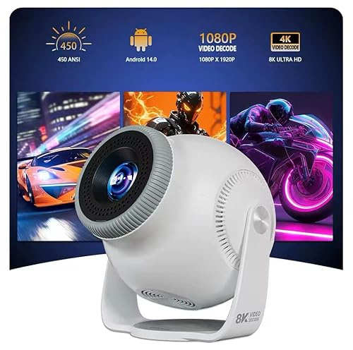 VILLOOP Mini Projector 4K and 1080P Support, Android 14 Smart System, 8K Decoding, 480 ANSI Lumens, Wi-Fi 6 and Bluetooth 5.4, Auto Keystone, 180° Rotatable Smart Projector
