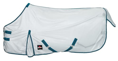Start Fliegendecke Pferd Standard+ Light Grey Petrol – atmungsaktive Netzdecke mit Kreuzgurten leichte Fliegenschutzdecke für Sommer & Weide (Hellgrau/Petrolblau, 135 cm)