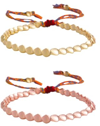 Hopzab 2PCS Tibetan Copper Bead Bracelet, Unisex Handmade Buddhist Lucky Charm, Adjustable Rope for Meditation and Cultural Adornment, Gold and Rose Gold