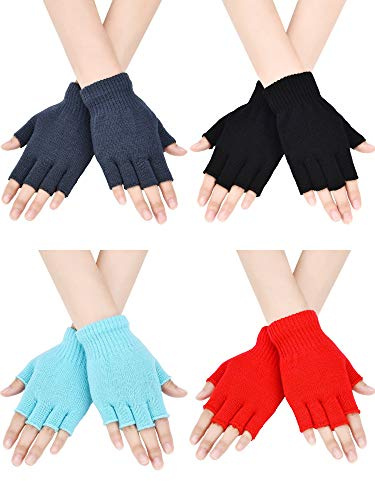 4 Pares de Guantes sin Dedos Guantes de Punto de Color Sólido Guantes de Invierno de Mitad Dedos para Niños y Niñas Navidad San Valentín (Azul de Cielo, Rojo, Negro, Gris)