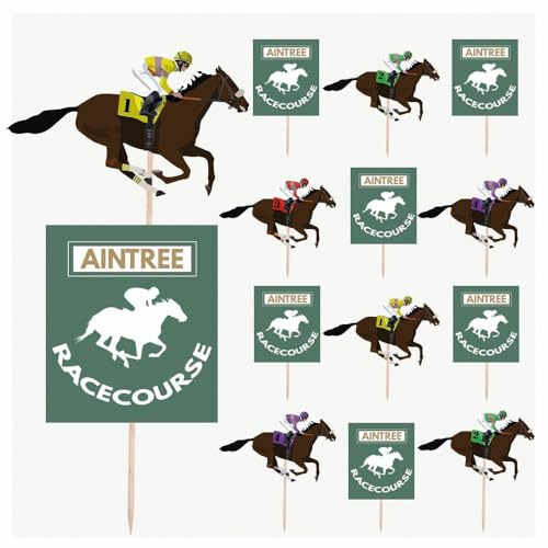 AK Giftshop Horse Racing - Aintree Racecourse Themed - Event - Birthday - Party Food - Cake Cupcakes - Picks Sticks - Decorations Toppers - Stand Up Food Flags (Pack of 14)