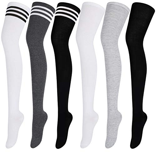 Aneco 6 Pairs Extra Long Socks Long Boot Stockings Thigh High Socks for Women (Black,White,Dark Gray Stripes Colors,Pure Colors)
