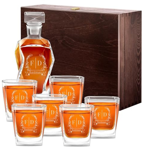 Maverton Set Decanter per Whisky in vetro, da 700 ml | Incisione personalizzata, Caraffa con 6 bicchieri, idea regalo per l'anniversario, Fiori di campo